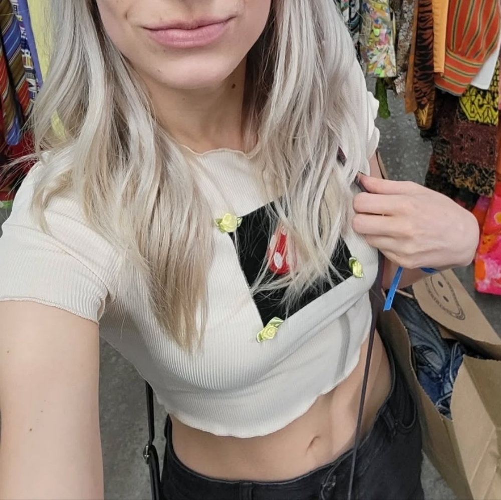 Cream Women's Crop Top with Mushroom Patch